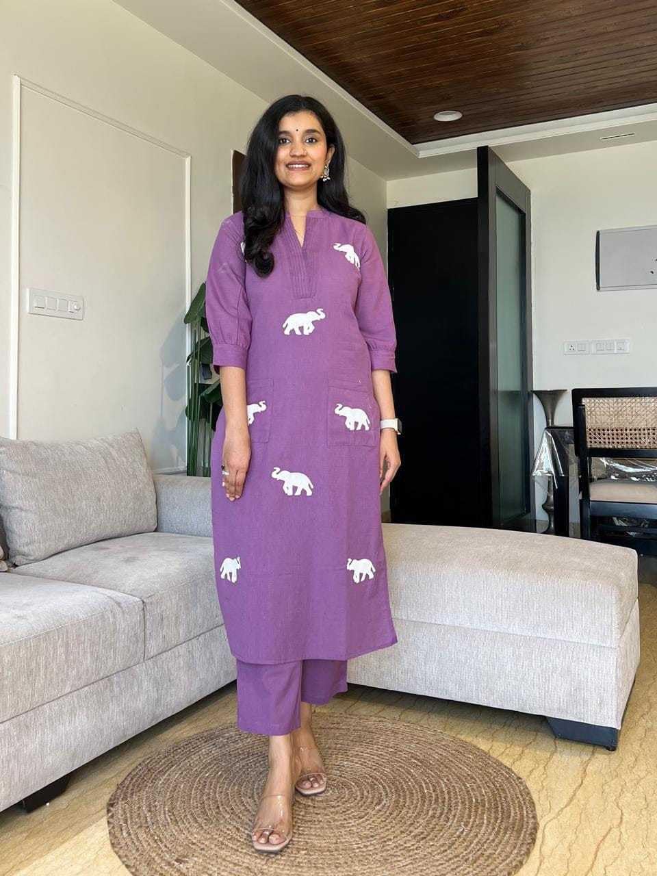 Handmade Cotton Kurta Set with Blue Elephant Embroidery – Casual & Office Wear for Women (BLACKLUXE CRAFTS) - BLACKLUXECRAFTS