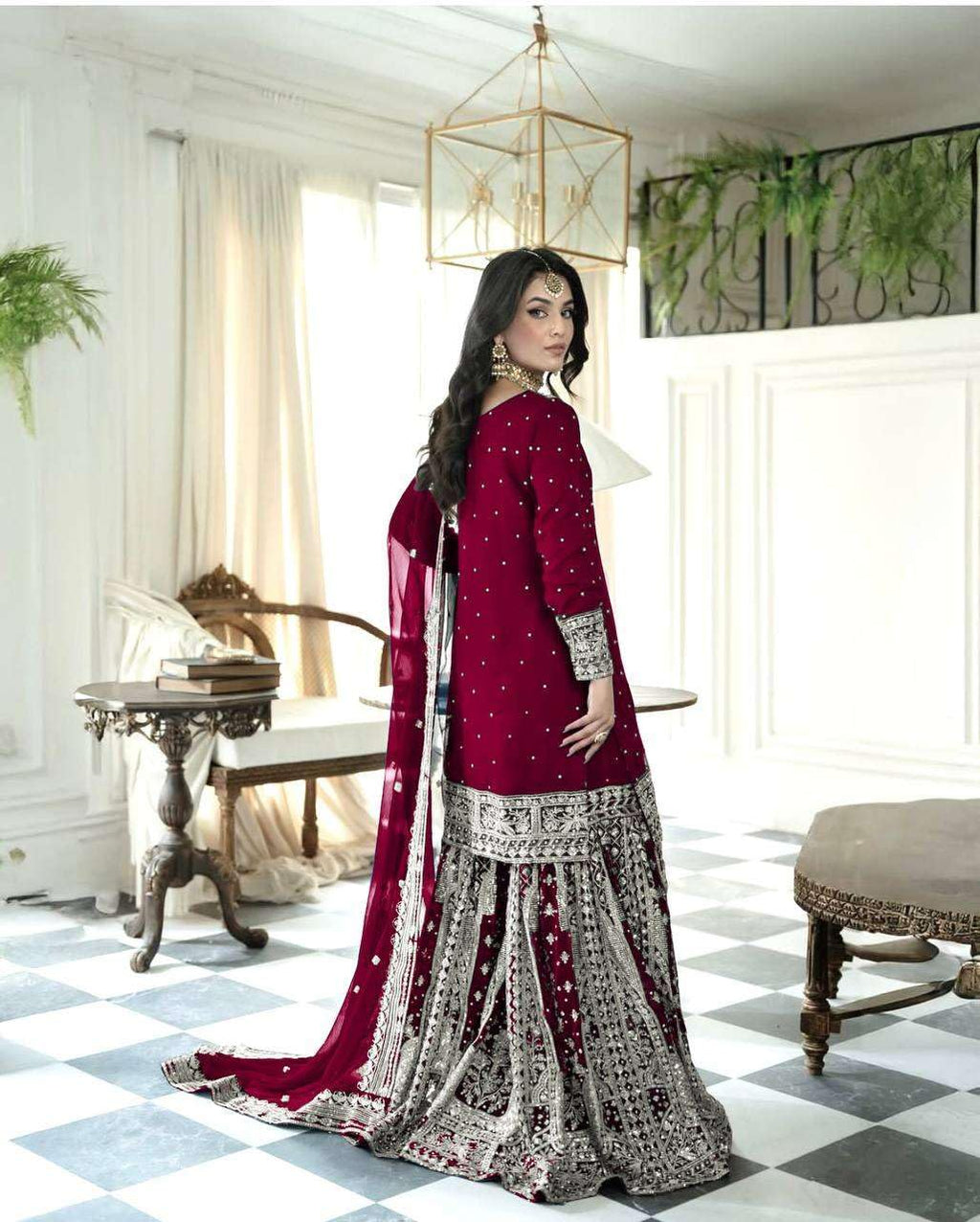 Maroon Sharara Suit with Heavy Silver Embroidery & Dupatta | Bridal & Wedding Wear (BLACKLUXE CRAFTS) - BLACKLUXECRAFTS