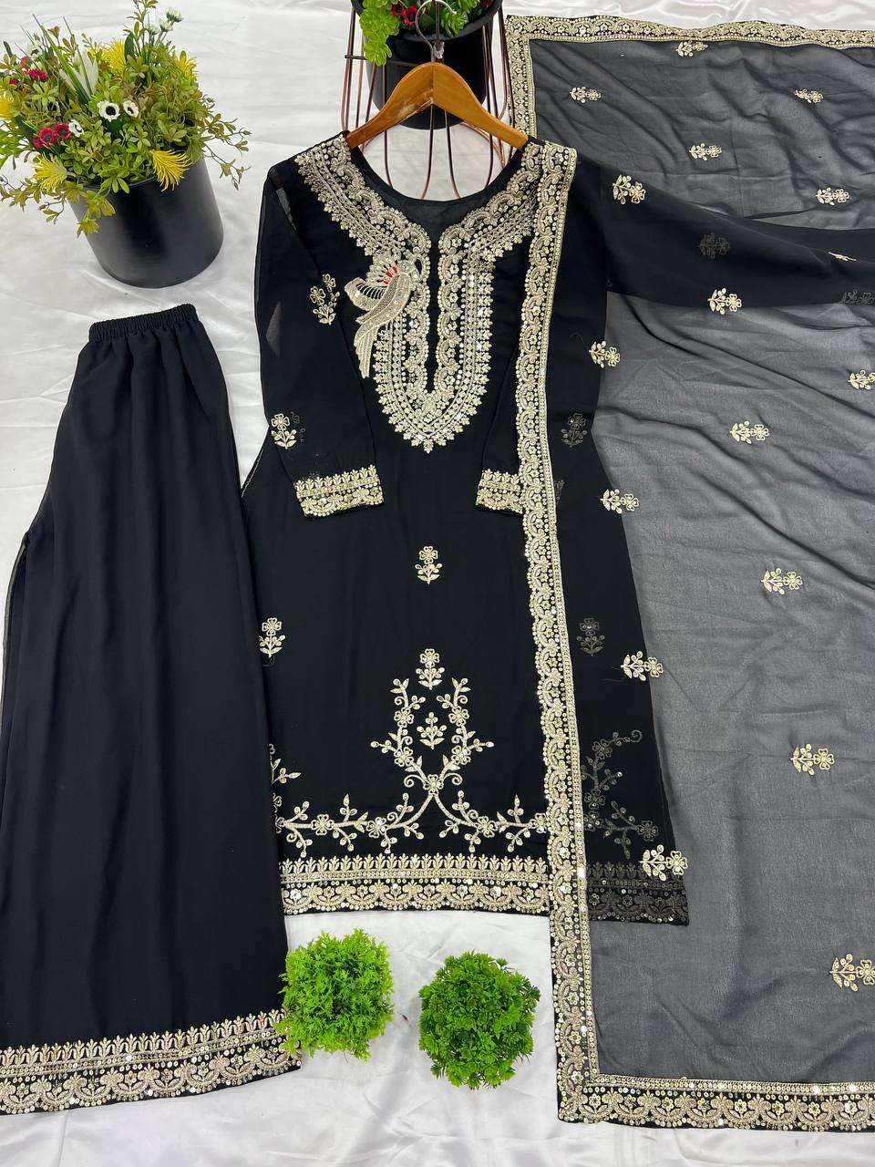 Women's Faux Georgette Embroidered Straight Kurti with Palazzo & Dupatta Set (BLACKLUXE CRAFTS) - BLACKLUXECRAFTS