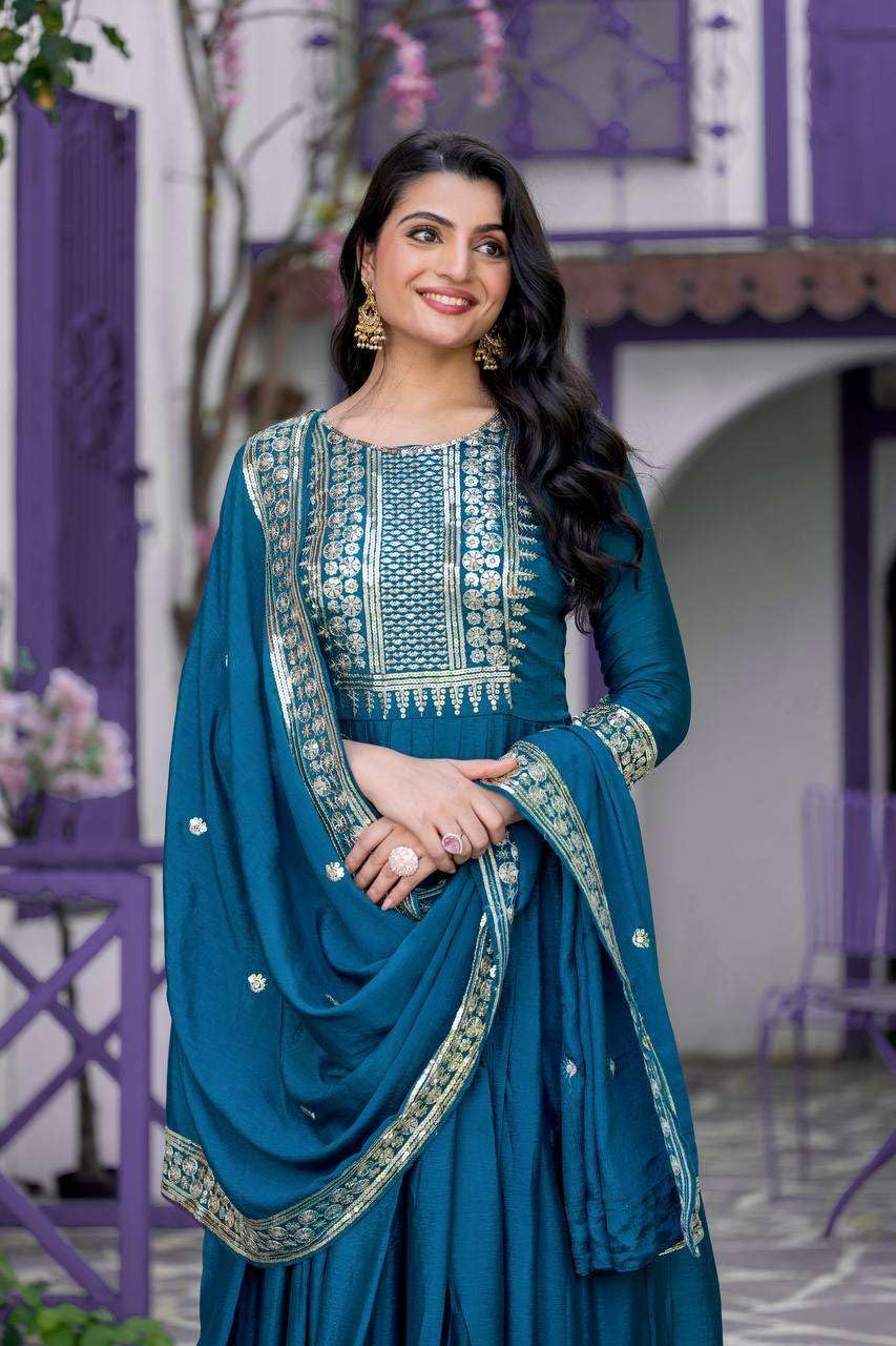Teal Blue Mirror Embroidered Anarkali Suit with Dupatta – Designer Indian Wedding & Festive Wear Outfit (BLACKLUXE CRAFTS) - BLACKLUXECRAFTS