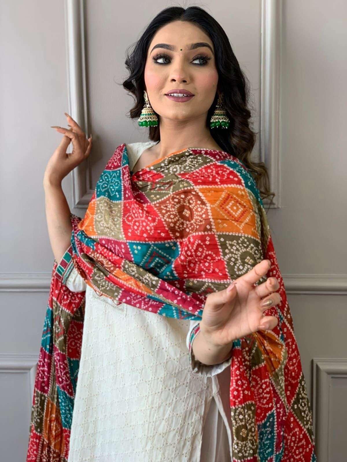 White Cotton Kurta Set with Multicolor Bandhani Dupatta | Indian Pakistani Ethnic Wear for Women (BLACKLUXE CRAFTS) - BLACKLUXECRAFTS