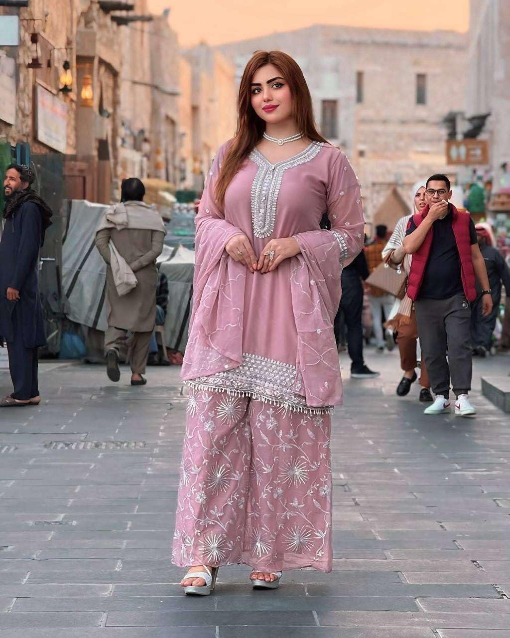 Women's Faux Georgette Embroidered Straight Short Kurta with Sharara & Dupatta Set (BLACKLUXE CRAFTS) - BLACKLUXECRAFTS
