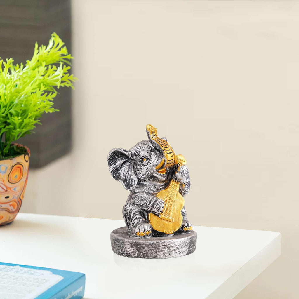 Silver Elephant Guitar Figurine – Handcrafted Resin Elephant Musician Statue for Home Décor & Lucky Gift (BLACKLUXE CRAFTS) - BLACKLUXECRAFTS