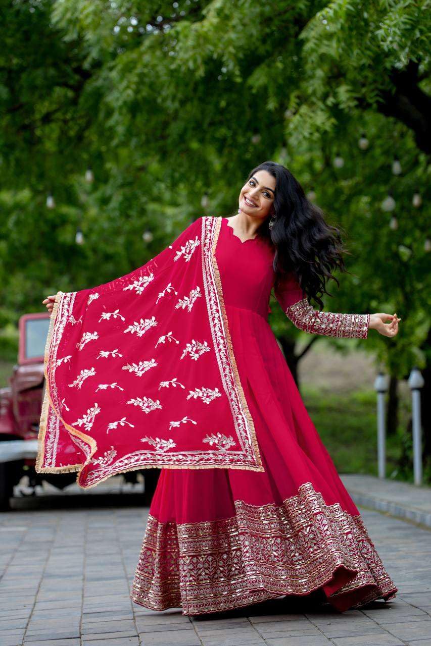 Maroon Anarkali Gown with Heavy Golden Embroidery & Dupatta | Designer Indian Pakistani Wedding Dress for Women (BLACKLUXE CRAFTS) - BLACKLUXECRAFTS