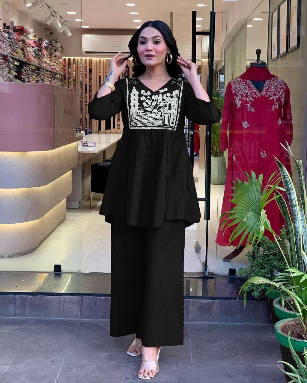 Embroidered Kurti with Palazzo Set – Women’s Peplum Style Ethnic Co-ord Outfit (BLACKLUXE CRAFTS) - BLACKLUXECRAFTS