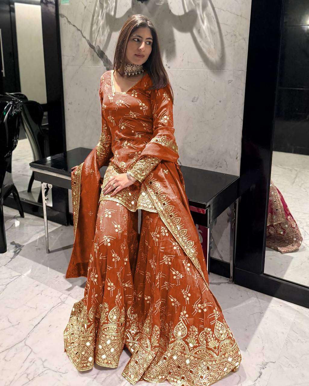 Women's Simmer Silk Embroidered Straight Kurta with Sharara & Dupatta Set (BLACKLUXE CRAFTS) - BLACKLUXECRAFTS