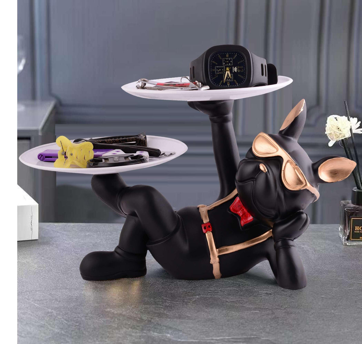 Luxury Bulldog Butler Statue with Dual Tray – Black Resin Dog Figurine for Keys, Watches & Home Décor (BLACKLUXE CRAFTS) - BLACKLUXECRAFTS