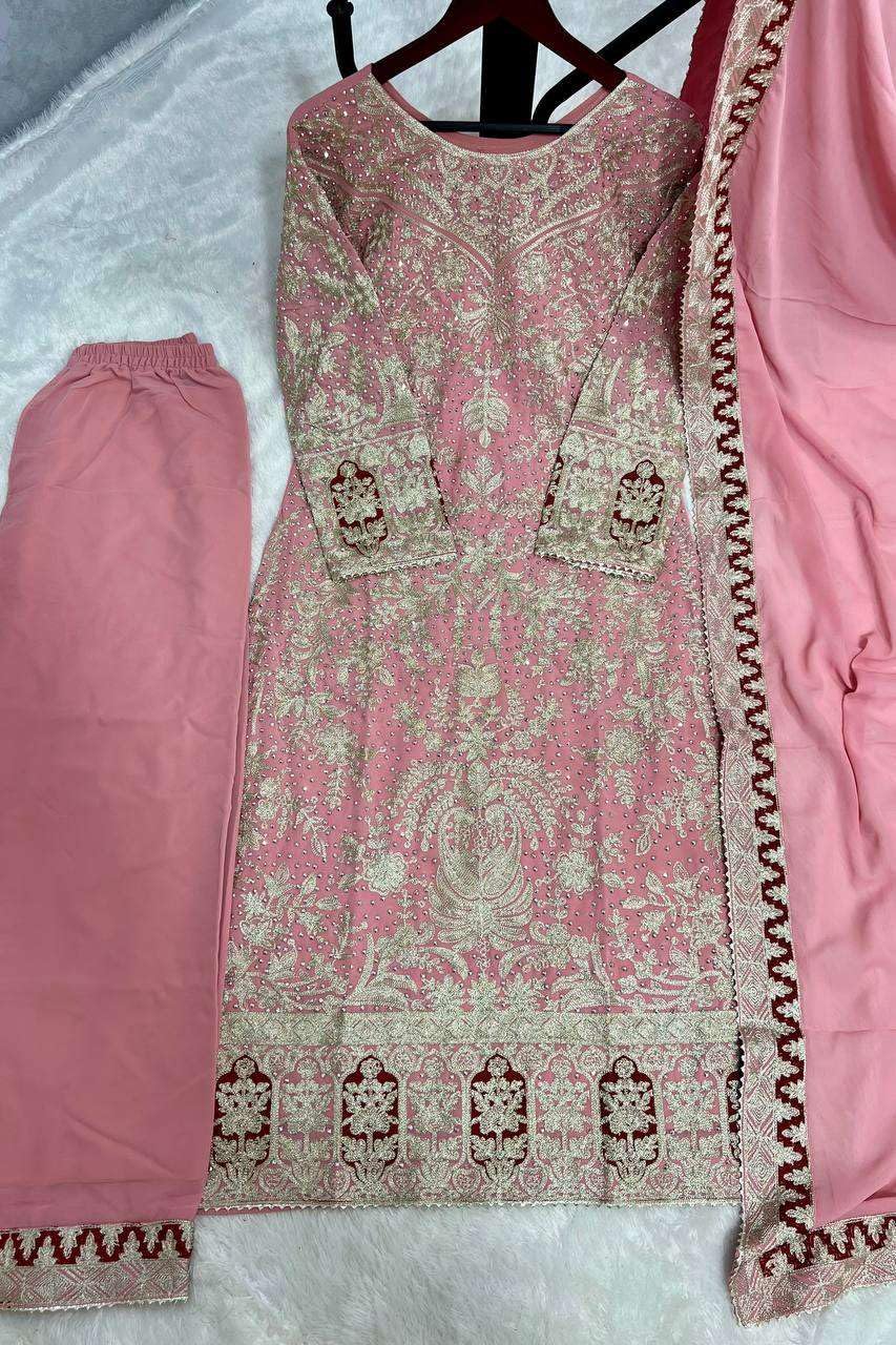 Women's Faux Georgette Embroidered Aaliya Cut Kurti With Plazzo & Dupatta Set with Diamond Handwork (BLACKLUXE CRAFTS) - BLACKLUXECRAFTS