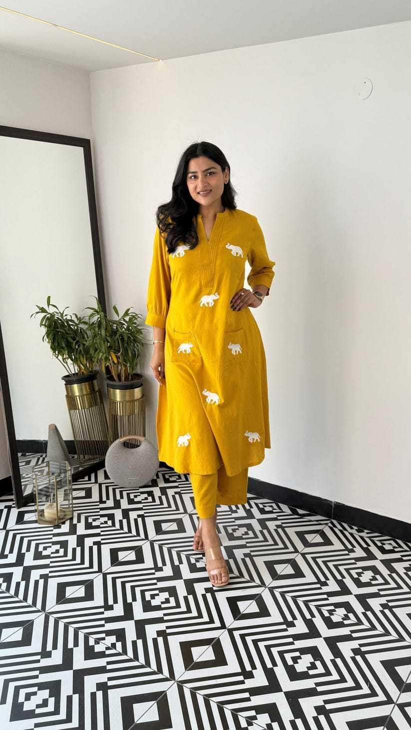 Handmade Cotton Kurta Set with Blue Elephant Embroidery – Casual & Office Wear for Women (BLACKLUXE CRAFTS) - BLACKLUXECRAFTS