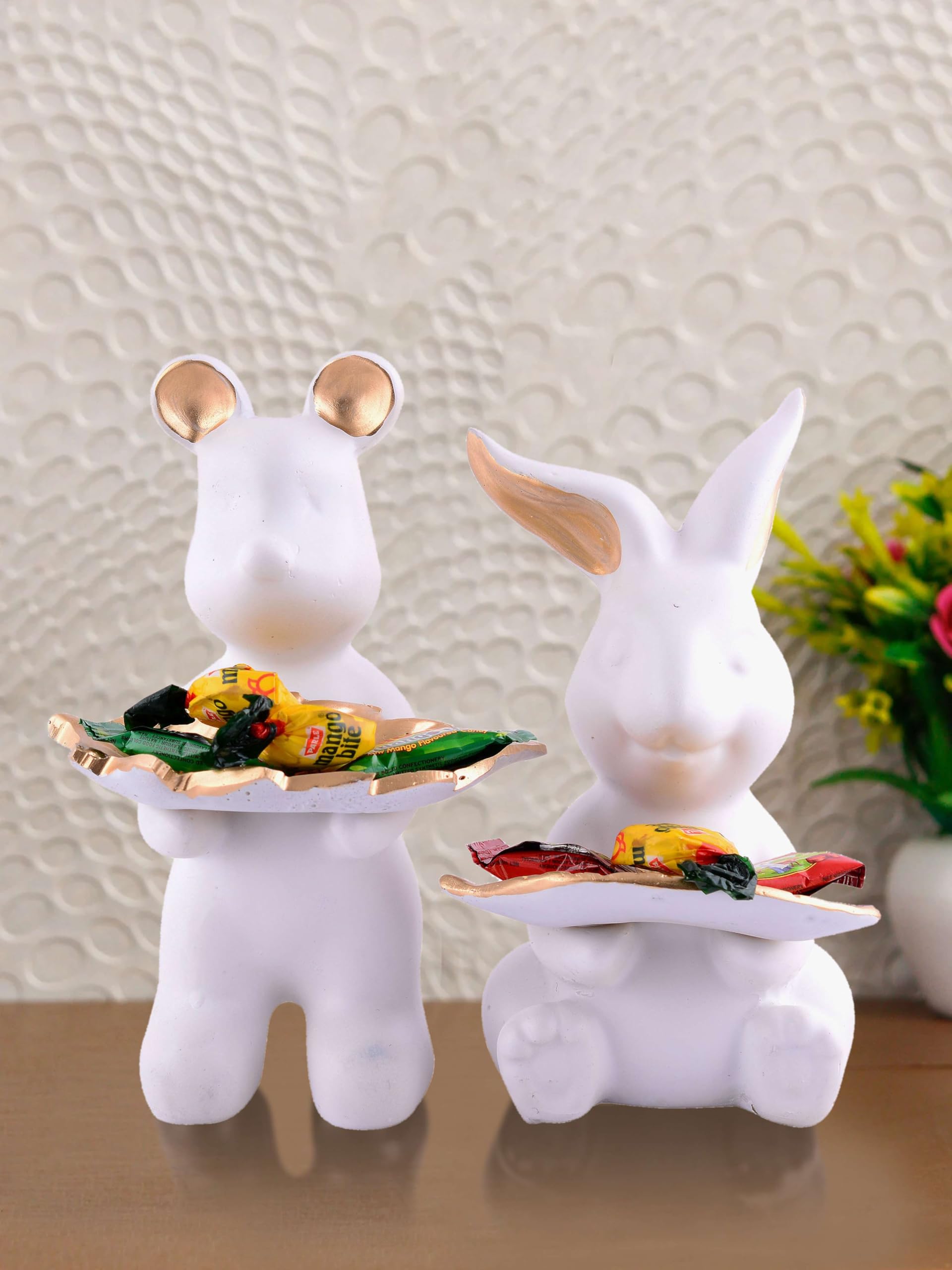 Handmade Resin Animal Candy Holder Set – White Bunny & Bear Decorative Snack Tray | Unique Home Decor & Tabletop Gift from India (BLACKLUXE CRAFTS) - BLACKLUXECRAFTS