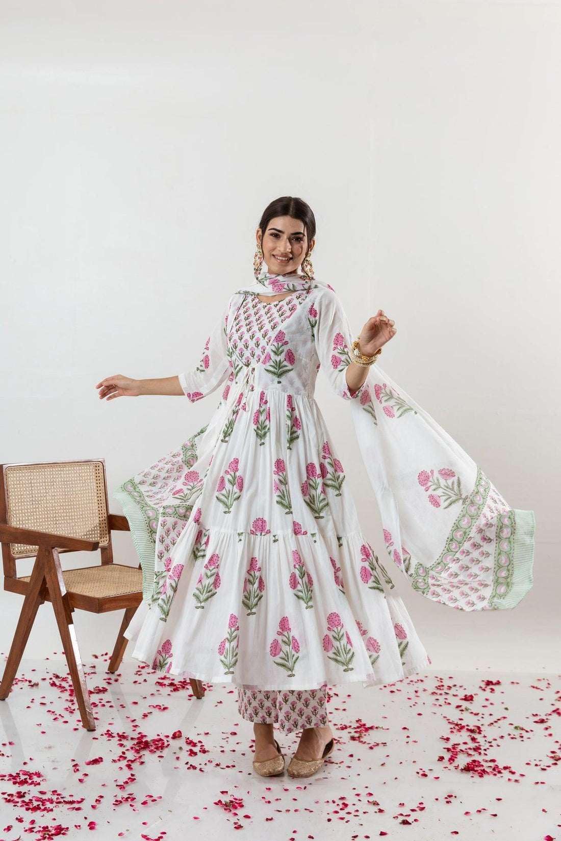 Women's Cotton Floral Printed Long Anarkali Kurti with Pant and Dupatta - BLACKLUXECRAFTS