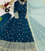 Navy Blue Anarkali Gown with Golden Embroidery & Sky Blue Dupatta | Party Wear Indian Dress for Women (BLACKLUXE CRAFTS) - BLACKLUXECRAFTS