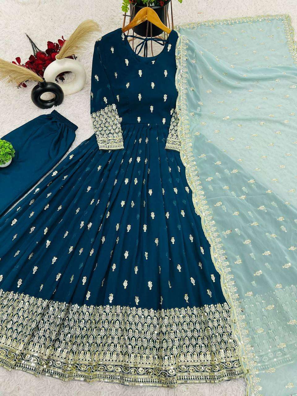 Navy Blue Anarkali Gown with Golden Embroidery & Sky Blue Dupatta | Party Wear Indian Dress for Women (BLACKLUXE CRAFTS) - BLACKLUXECRAFTS