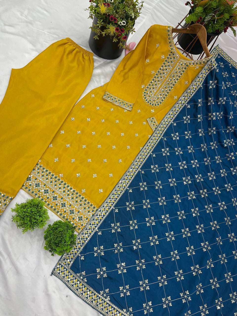 Women's Chinnon Silk Embroidered Straight Kurti with Pant & Dupatta Set (BLACKLUXE CRAFTS) - BLACKLUXECRAFTS