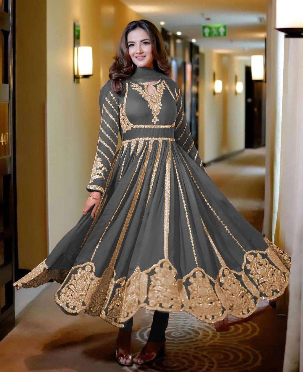 Women's Faux Georgette Embroidered Sequence Work Anarkali Kurti Gown with Net Dupatta (BLACKLUXE CRAFTS) - BLACKLUXECRAFTS