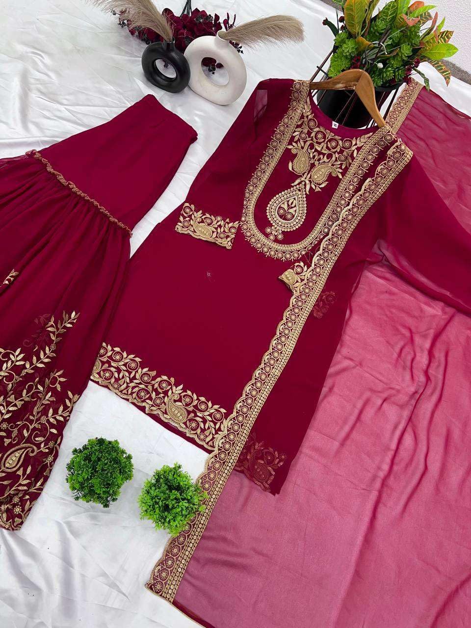 Women's Faux Georgette Ensemble with Embroidery & Sequence Work Kurti With Sharara and Dupatta Set (BLACKLUXE CRAFTS) - BLACKLUXECRAFTS