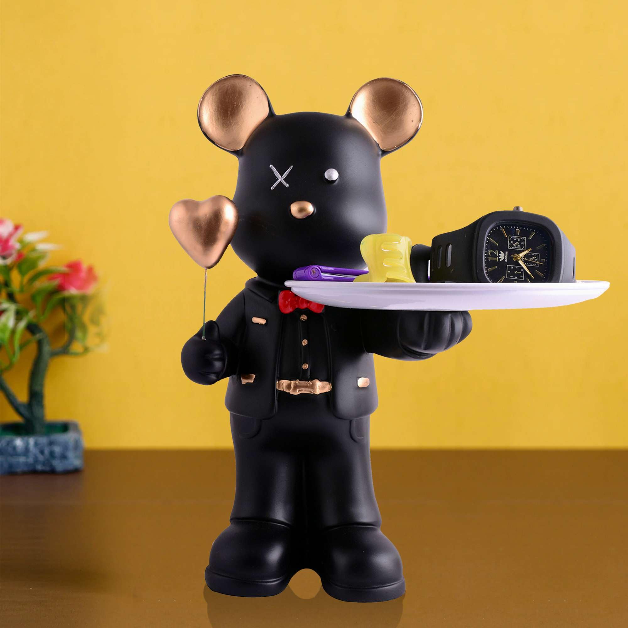Luxury Handmade Resin Bear Tray with Heart Balloon – Black Modern Organizer for Keys, Watch, Jewelry & Snacks | Unique Home Decor Gift (BLACKLUXE CRAFTS) - BLACKLUXECRAFTS