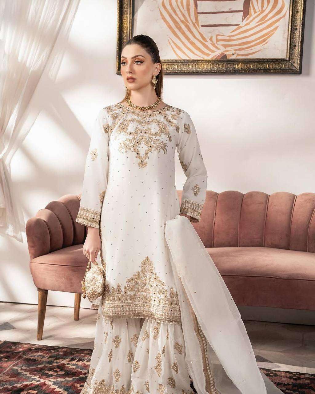 Women's Faux Georgette Embroidered Straight Kurti With Sharara and Dupatta Set (BLACKLUXE CRAFTS) - BLACKLUXECRAFTS