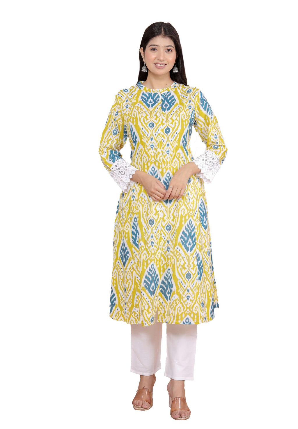 Women's Cotton Printed Mandarin Collar A-Line Kurti with Pant (Lemon) (BLACKLUXE CRAFTS) - BLACKLUXECRAFTS