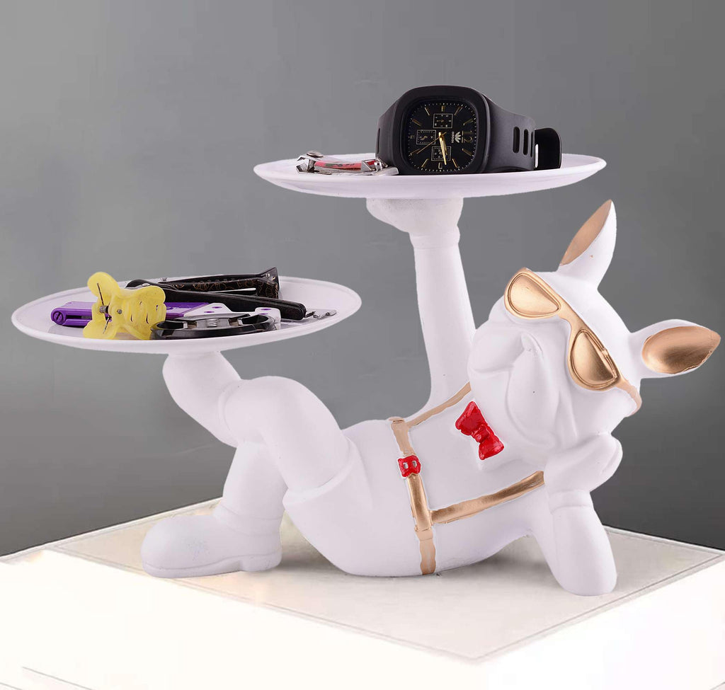 White Bulldog Butler Statue with Double Tray – Modern Resin Dog Figurine Organizer for Keys, Watches & Home Décor (BLACKLUXE CRAFTS) - BLACKLUXECRAFTS