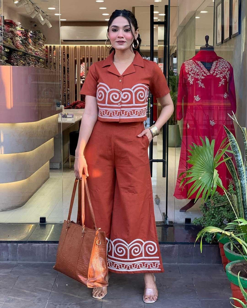 Women’s Cotton Co-Ord Set – Short Sleeve Shirt with Embroidery & Wide Leg Pants (BLACKLUXE CRAFTS) - BLACKLUXECRAFTS