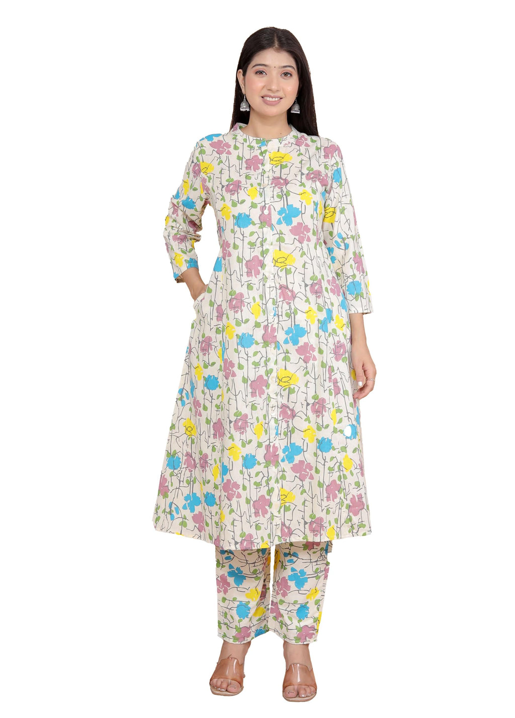 Women's Cotton Floral Printed Mandarin Collar A-Line Kurti with Pant (Cream)(BLACKLUXE CRAFTS) - BLACKLUXECRAFTS