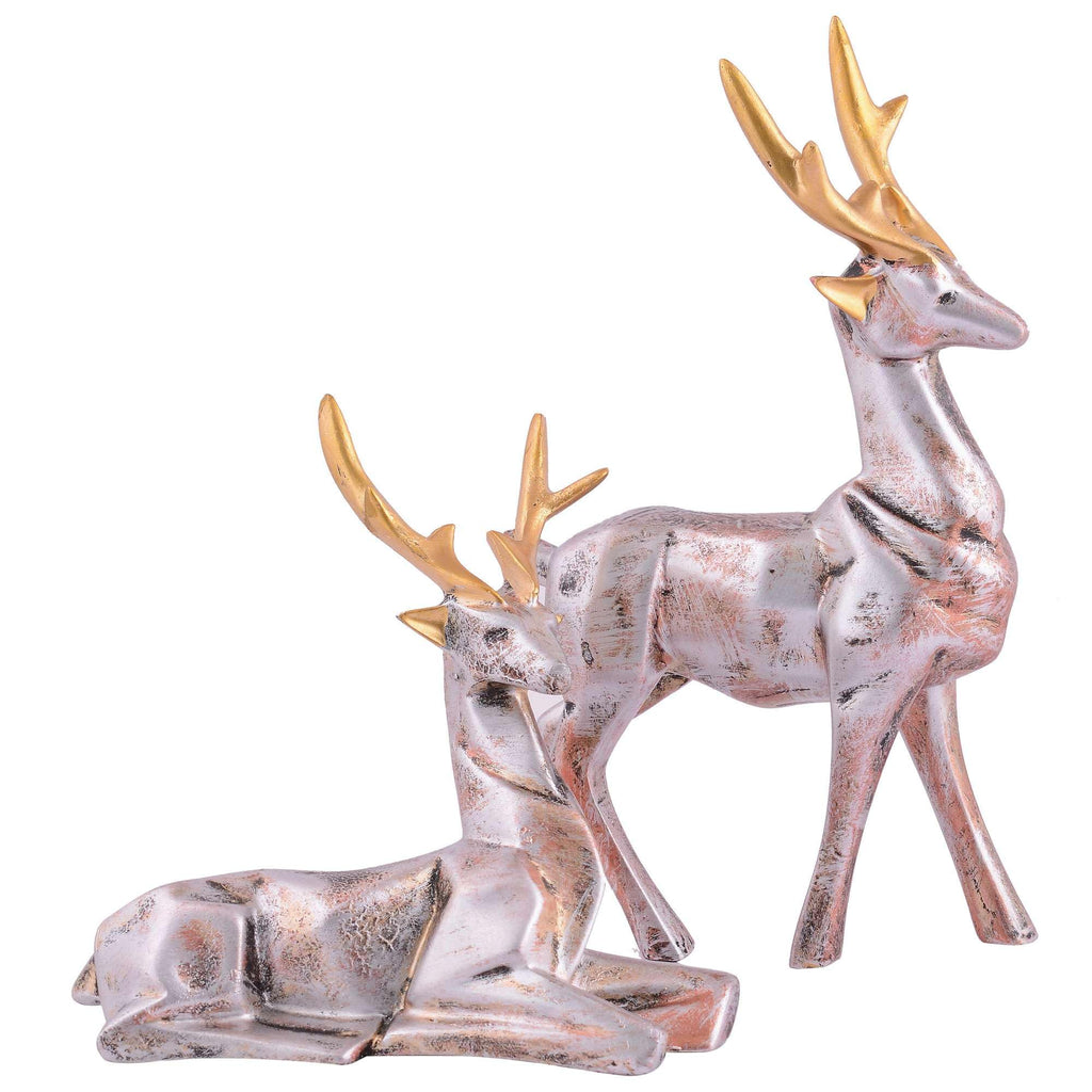 Silver Reindeer Couple Figurines with Golden Antlers – Modern Resin Deer Statues for Home Décor & Gifting (BLACKLUXE CRAFTS) - BLACKLUXECRAFTS