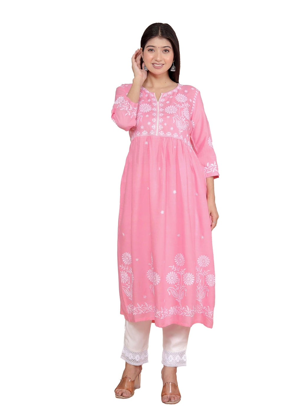 Women's Rayon Embroidered vcut Collar Anarkali Kurti with Pant (Pink) (BLACKLUXE CRAFTS) - BLACKLUXECRAFTS
