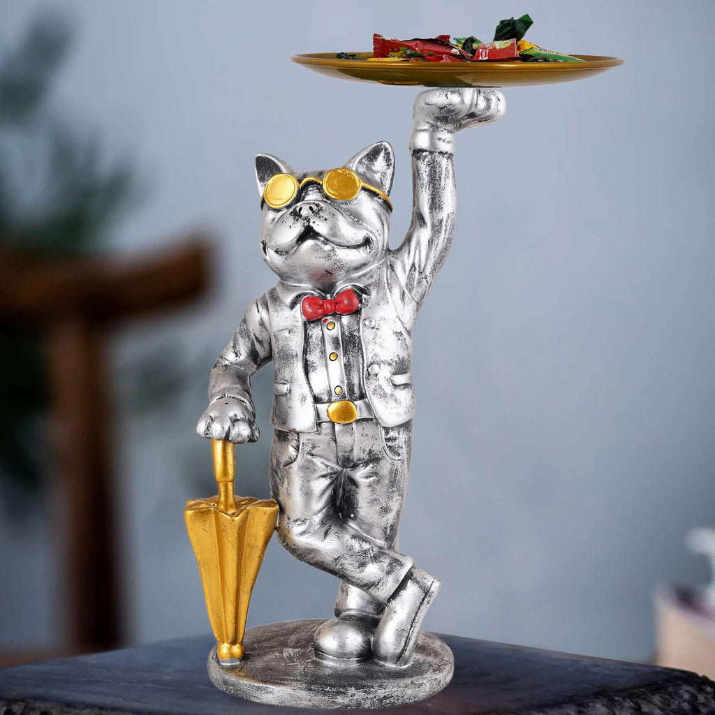 Silver Bulldog Butler Statue with Tray – Resin Dog Figurine Candy Dish & Decorative Organizer for Home Décor (BLACKLUXE CRAFTS) - BLACKLUXECRAFTS