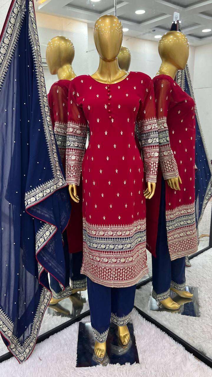 Women's Faux Georgette Embroidered Straight Kurti with Pant & Dupatta Set with Rivet Moti Work (BLACKLUXE CRAFTS) - BLACKLUXECRAFTS