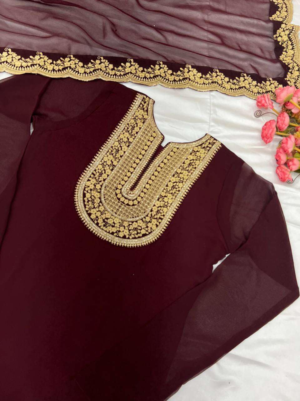 Women's Faux Georgette Embroidered Kurti With Plazzo and Dupatta Set (BLACKLUXE CRAFTS) - BLACKLUXECRAFTS