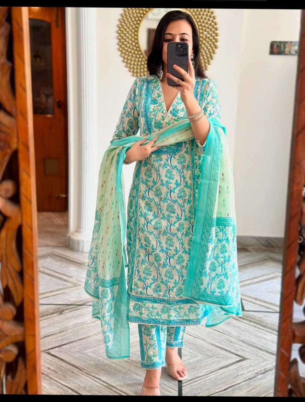 Teal Blue Printed Cotton Kurta Set with Dupatta – Indian Ethnic Suit for Women, Festive & Party Wear Outfit (BLACKLUXE CRAFTS) - BLACKLUXECRAFTS