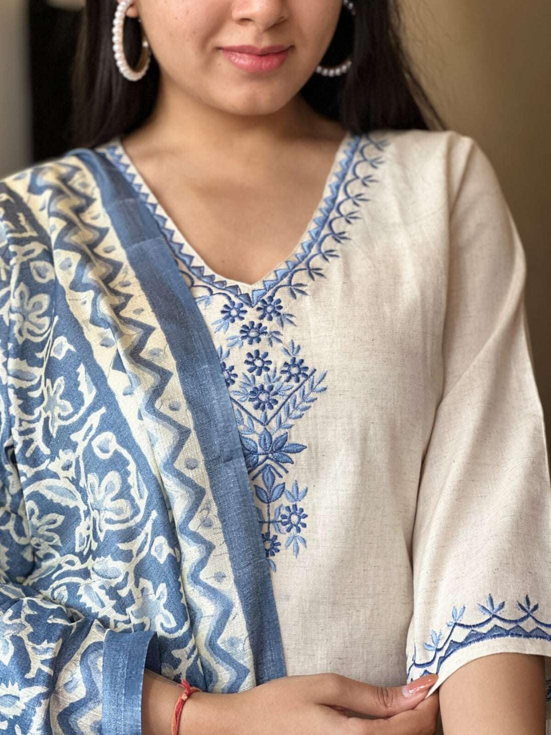 Elegant Cream Kurta Set with Blue Embroidery & Printed Dupatta | Women’s Ethnic Wear (BLACKLUXE CRAFTS) - BLACKLUXECRAFTS