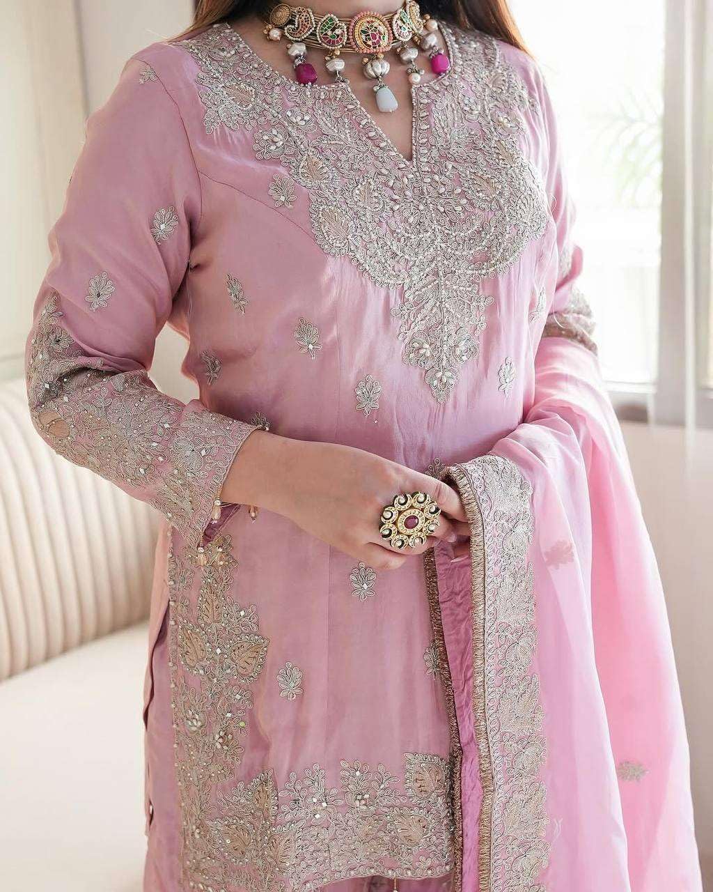 Women's Chinon Silk Embroidered Kurti With Sharara & Dupatta Set with Rivet Moti Work (BLACKLUXE CRAFTS) - BLACKLUXECRAFTS