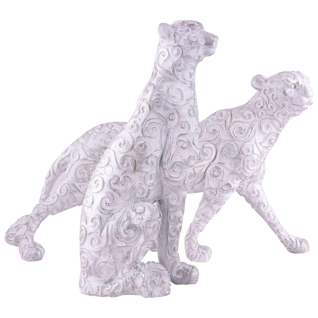 Handmade White Leopard Figurines Set – Elegant Resin Cheetah Statues with Carved Patterns for Luxury Home Décor Set Of Two (BLACKLUXE CRAFTS) - BLACKLUXECRAFTS
