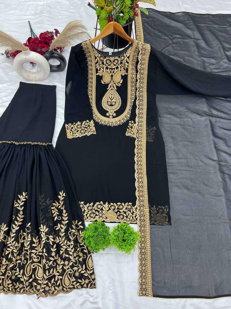 Women's Faux Georgette Ensemble with Embroidery & Sequence Work Kurti With Sharara and Dupatta Set (BLACKLUXE CRAFTS) - BLACKLUXECRAFTS