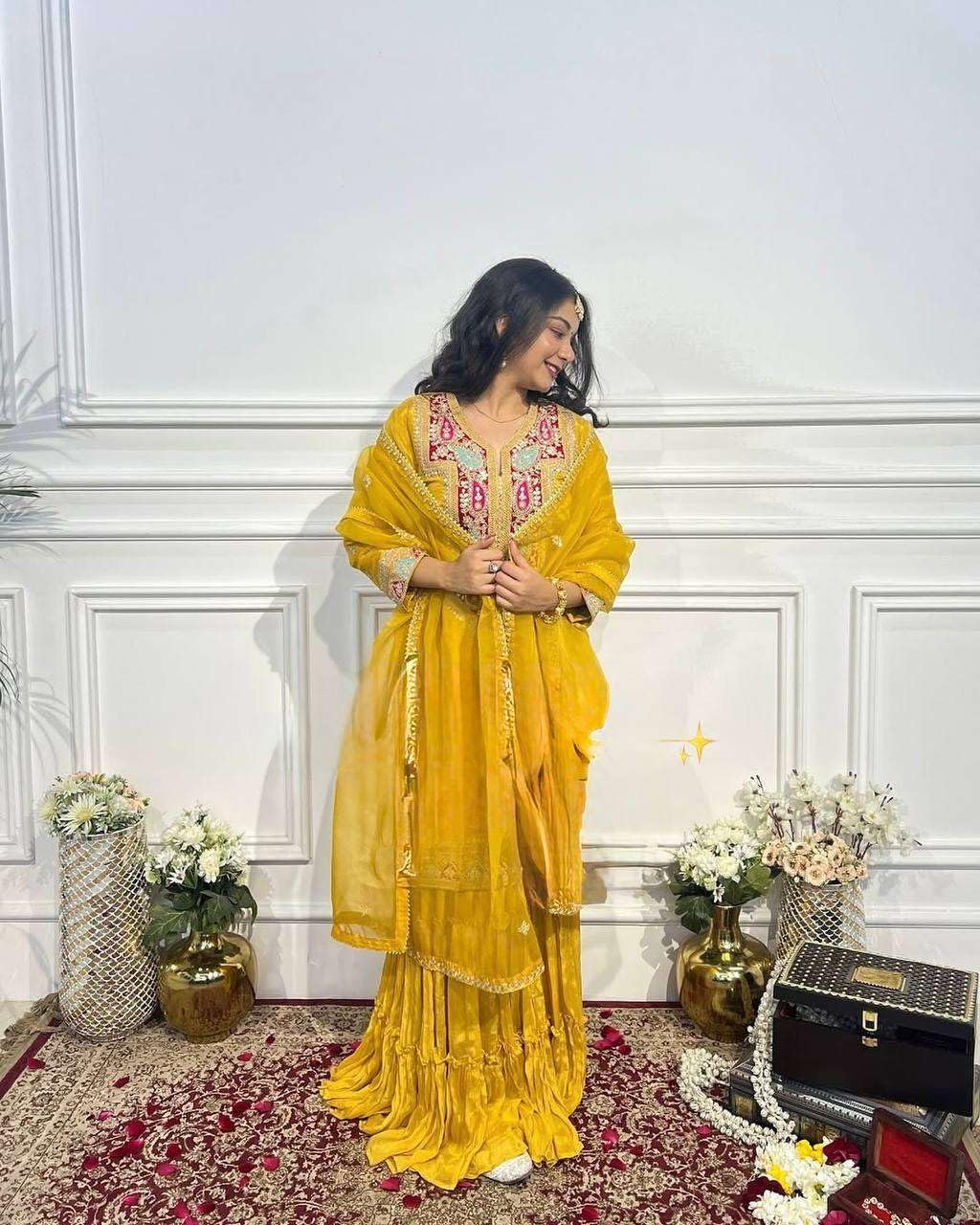 Mustard Yellow Silk Sharara Suit with Embroidered Neckline & Dupatta | Festive & Wedding Wear (BLACKLUXE CRAFTS) - BLACKLUXECRAFTS