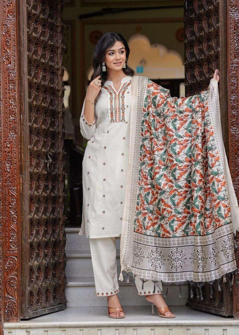 Women's Cotton Embroidered Straight Kurti With Pant and Dupatta Set (BLACKLUXE CRAFTS) - BLACKLUXECRAFTS