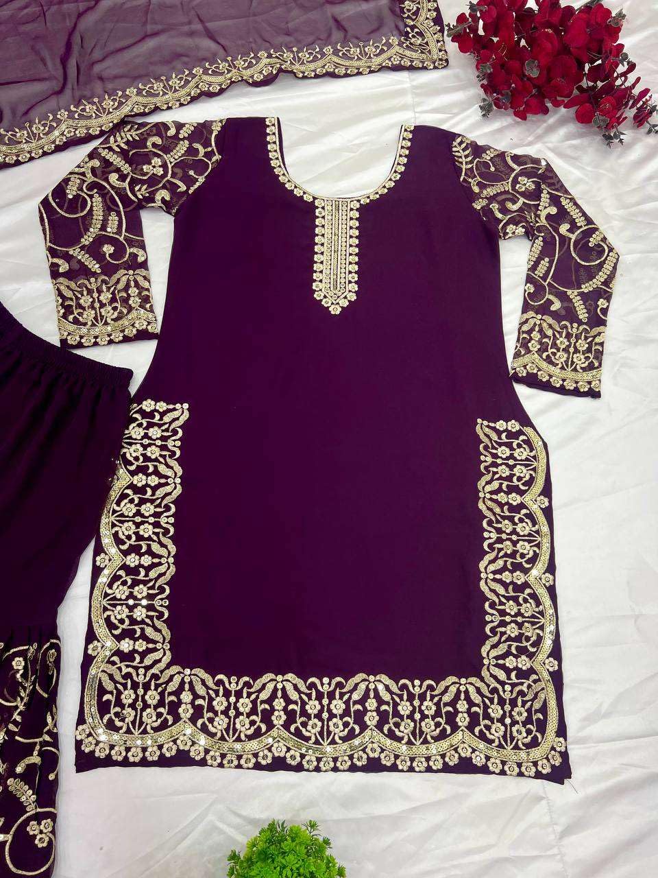 Purple Embroidered Kurta Sharara Set with Dupatta – Luxury Indian Wedding & Party Wear Outfit for Women (BLACKLUXE CRAFTS) - BLACKLUXECRAFTS