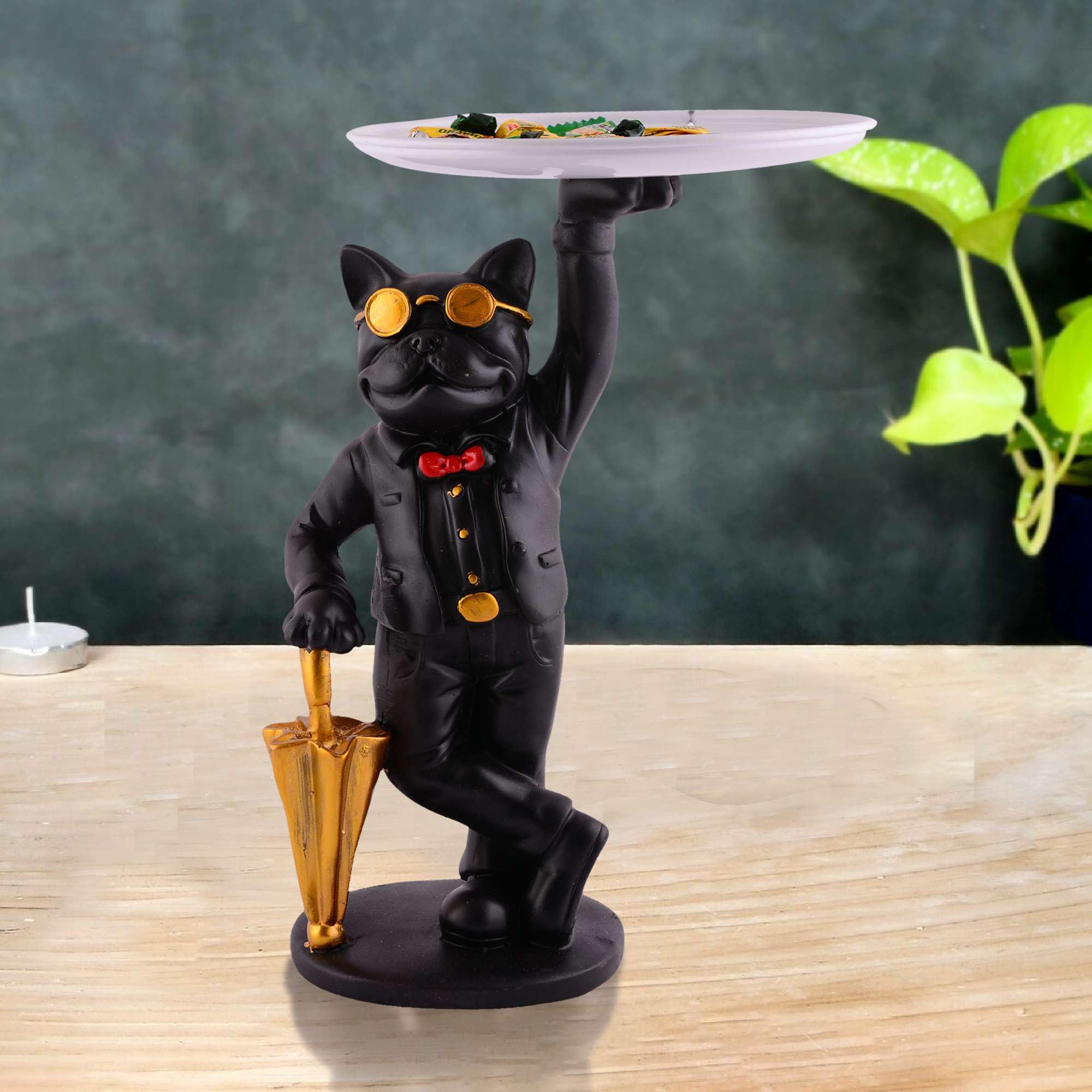 Luxury Dog Butler Statue with Tray & Umbrella – Black Resin Animal Figurine for Home, Bar & Office Décor (BLACKLUXE CRAFTS) - BLACKLUXECRAFTS