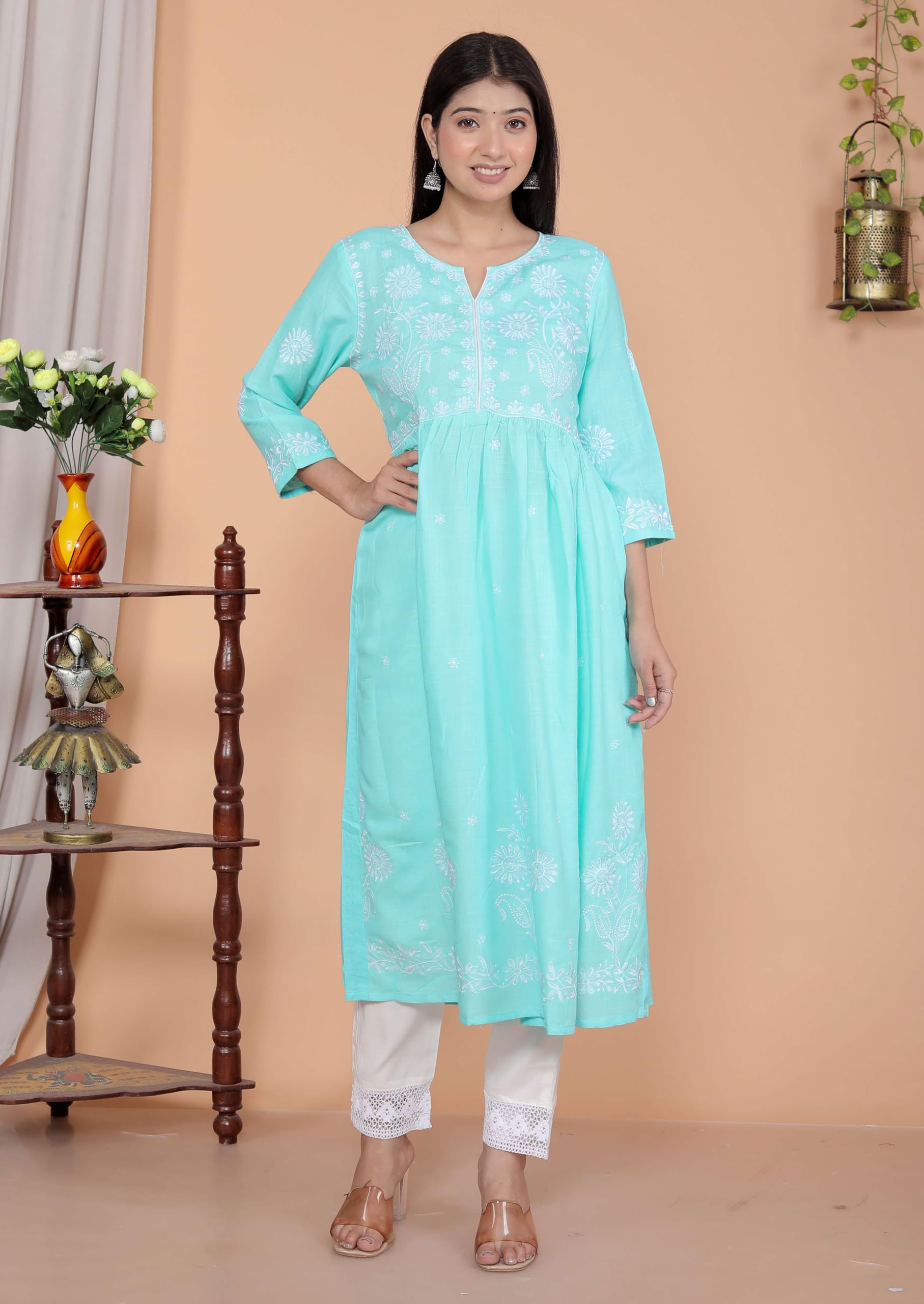 Women's Rayon Embroidered vcut Collar Anarkali Kurti with Pant (Sky Blue) (BLACKLUXE CRAFTS) - BLACKLUXECRAFTS