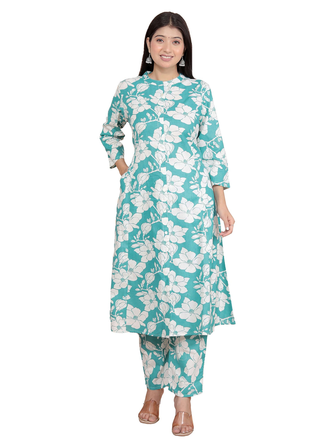 Women's Cotton Floral Printed Mandarin Collar A-Line Kurti with Pant (Sky Blue) (BLACKLUXE CRAFTS) - BLACKLUXECRAFTS