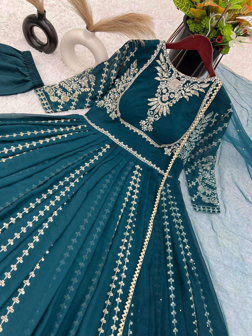 Women's Faux Georgette Embroidered Sequence Work Anarkali Kurti Gown with Net Dupatta (BLACKLUXE CRAFTS) - BLACKLUXECRAFTS