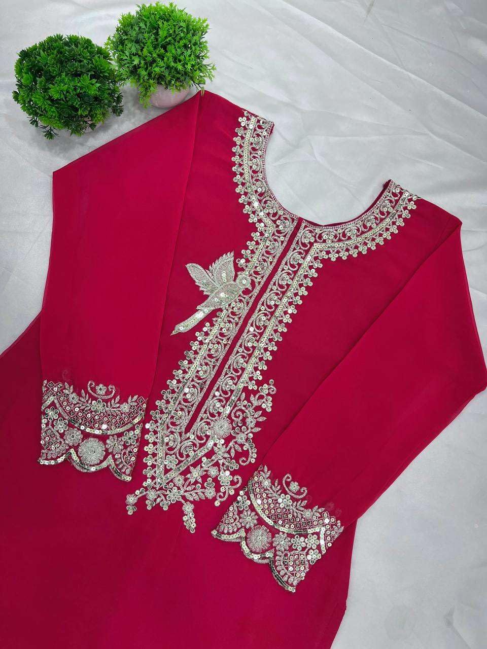 Women's Faux Georgette Embroidered Straight Kurti with Sharara & Dupatta Set (BLACKLUXE CRAFTS) - BLACKLUXECRAFTS