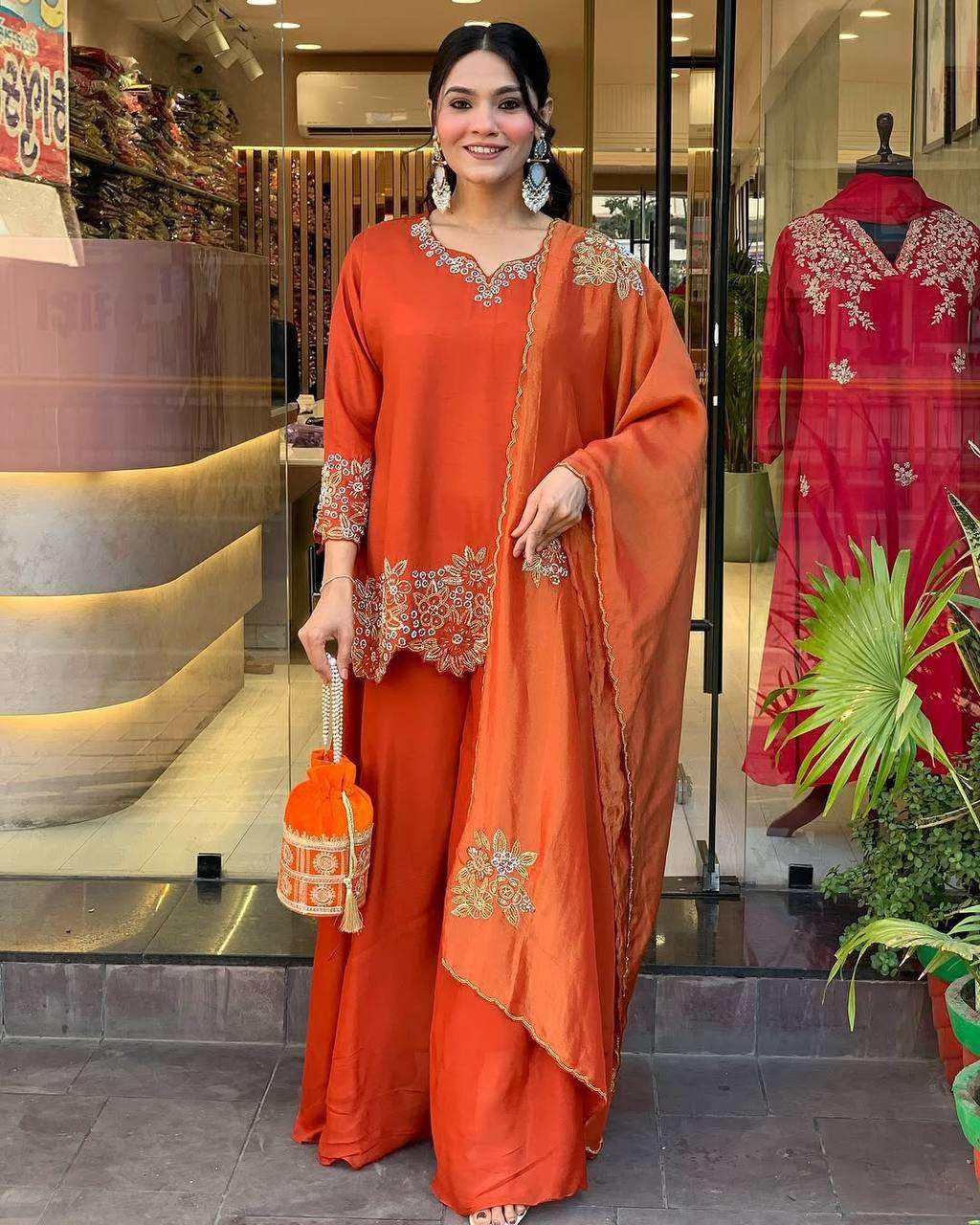 Women’s Georgette Embroidered Kurta with Plazzo and Dupatta Set (BLACKLUXE CRAFTS) - BLACKLUXECRAFTS