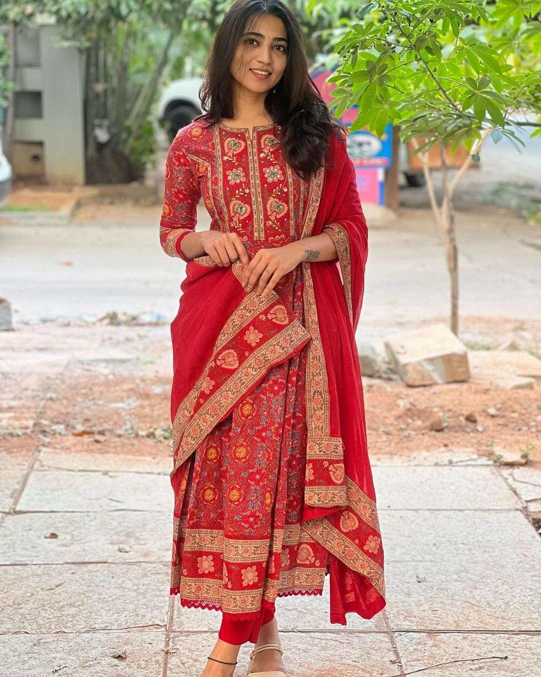 Women's Cotton Anarkali Embroidery red Designer Long Anarkali Kurti With Pant and Dupatta Set (BLACKLUXE CRAFTS) - BLACKLUXECRAFTS