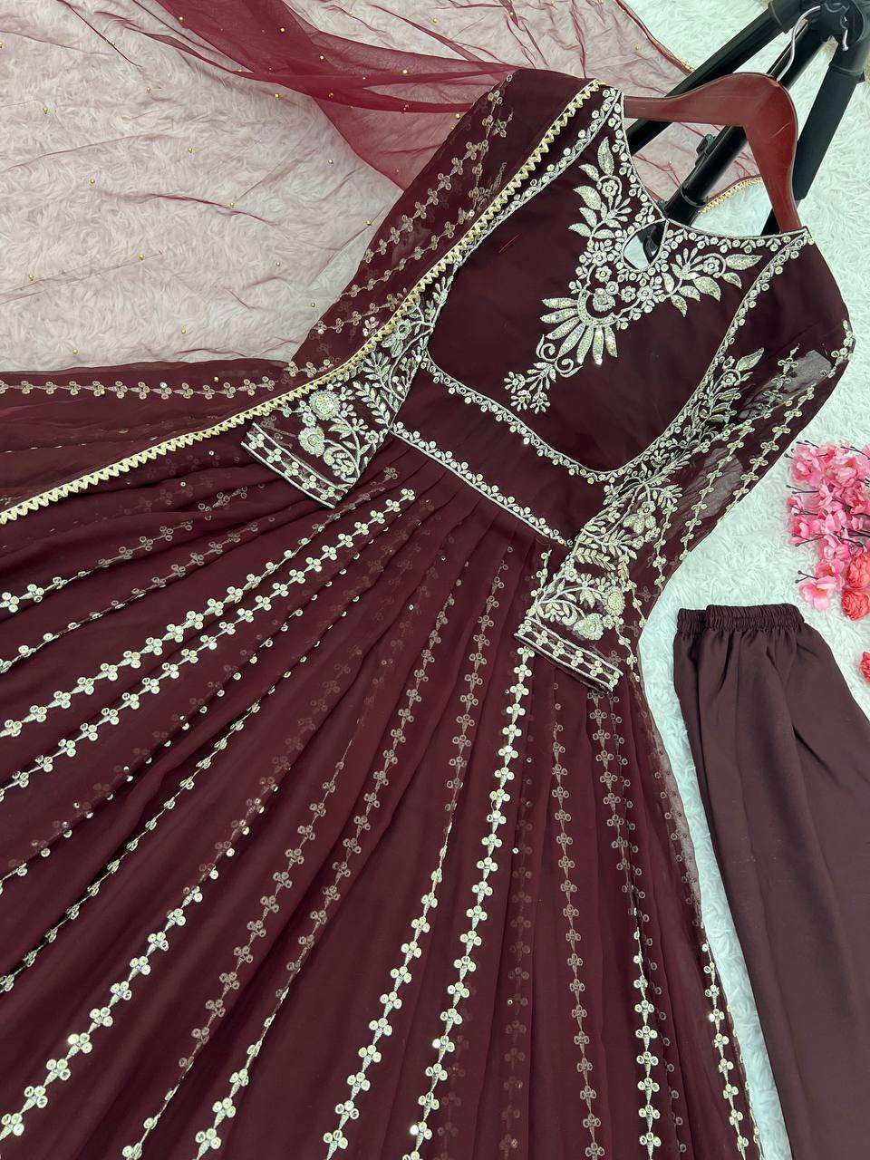 Women's Faux Georgette Embroidered Sequence Work Anarkali Kurti Gown with Net Dupatta (BLACKLUXE CRAFTS) - BLACKLUXECRAFTS