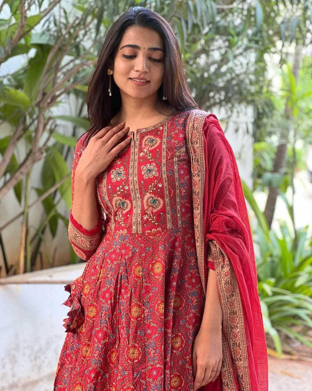 Women's Cotton Anarkali Embroidery red Designer Long Anarkali Kurti With Pant and Dupatta Set (BLACKLUXE CRAFTS) - BLACKLUXECRAFTS