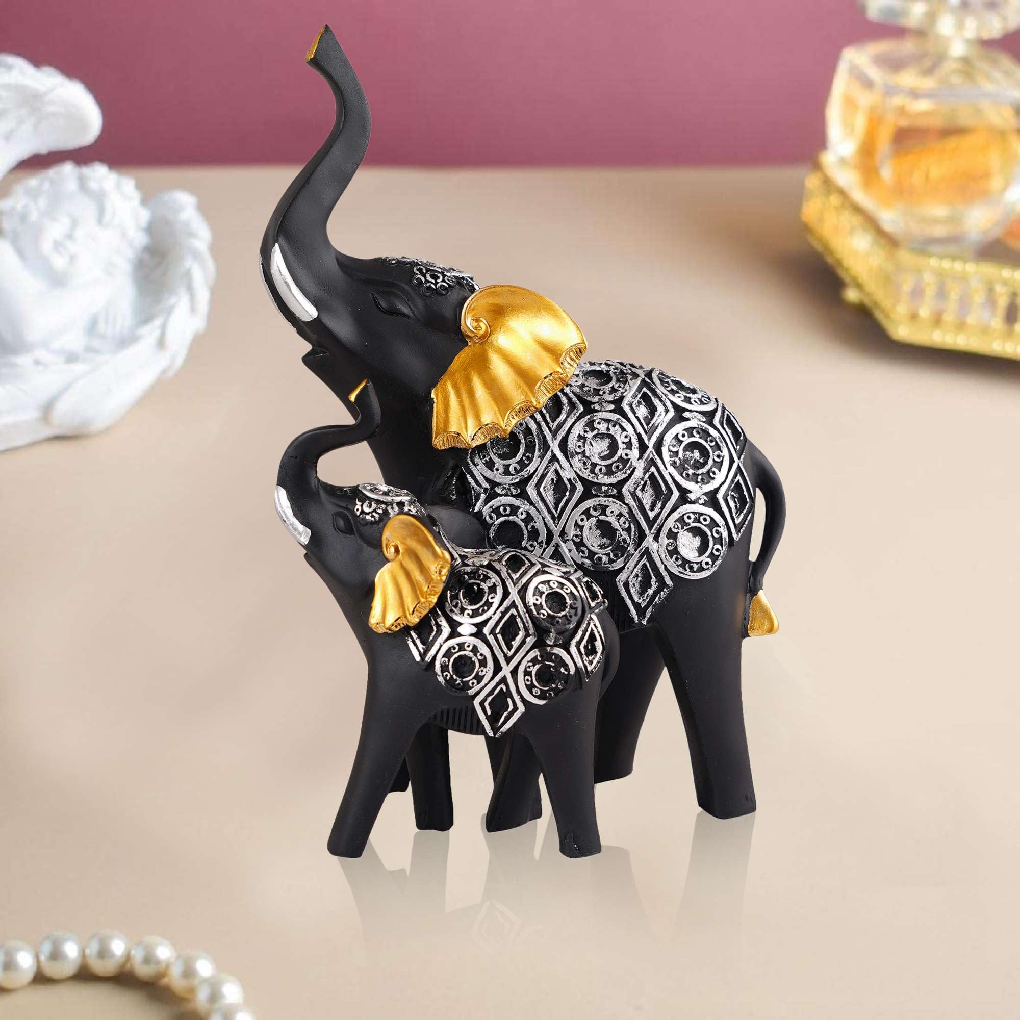 Handmade Black & Gold Elephant Statue – Resin Mother & Baby Elephant Figurine for Good Luck and Home Décor (Set Of 2) (BLACKLUXE CRAFTS) - BLACKLUXECRAFTS