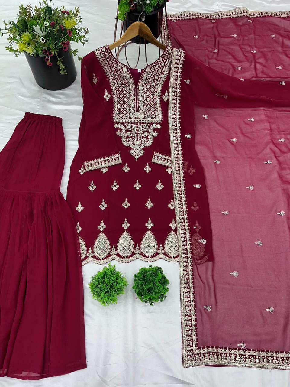 Women's Georgette Embroidered Kurti With Sharara & Dupatta Set (BLACKLUXE CRAFTS) - BLACKLUXECRAFTS